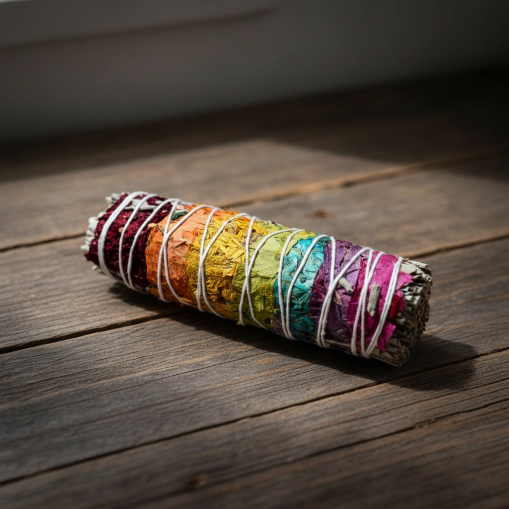 7 Chakra Smudge Stick – Rustieke houten achtergrond