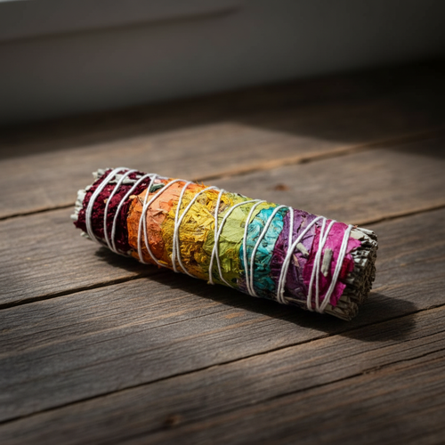 7 Chakra Smudge Stick – Rustieke houten achtergrond