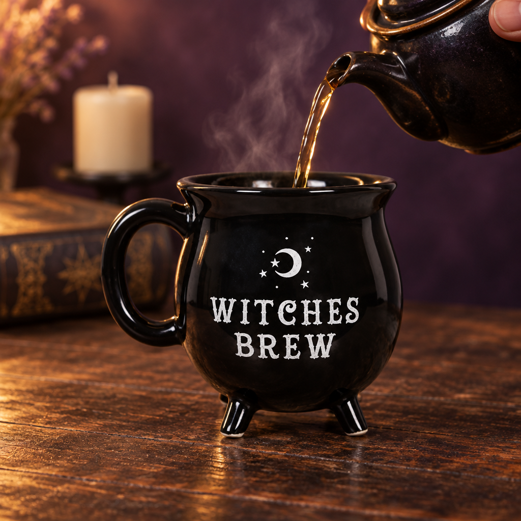 Actiefoto van de Witches Brew-mok tijdens het inschenken van thee