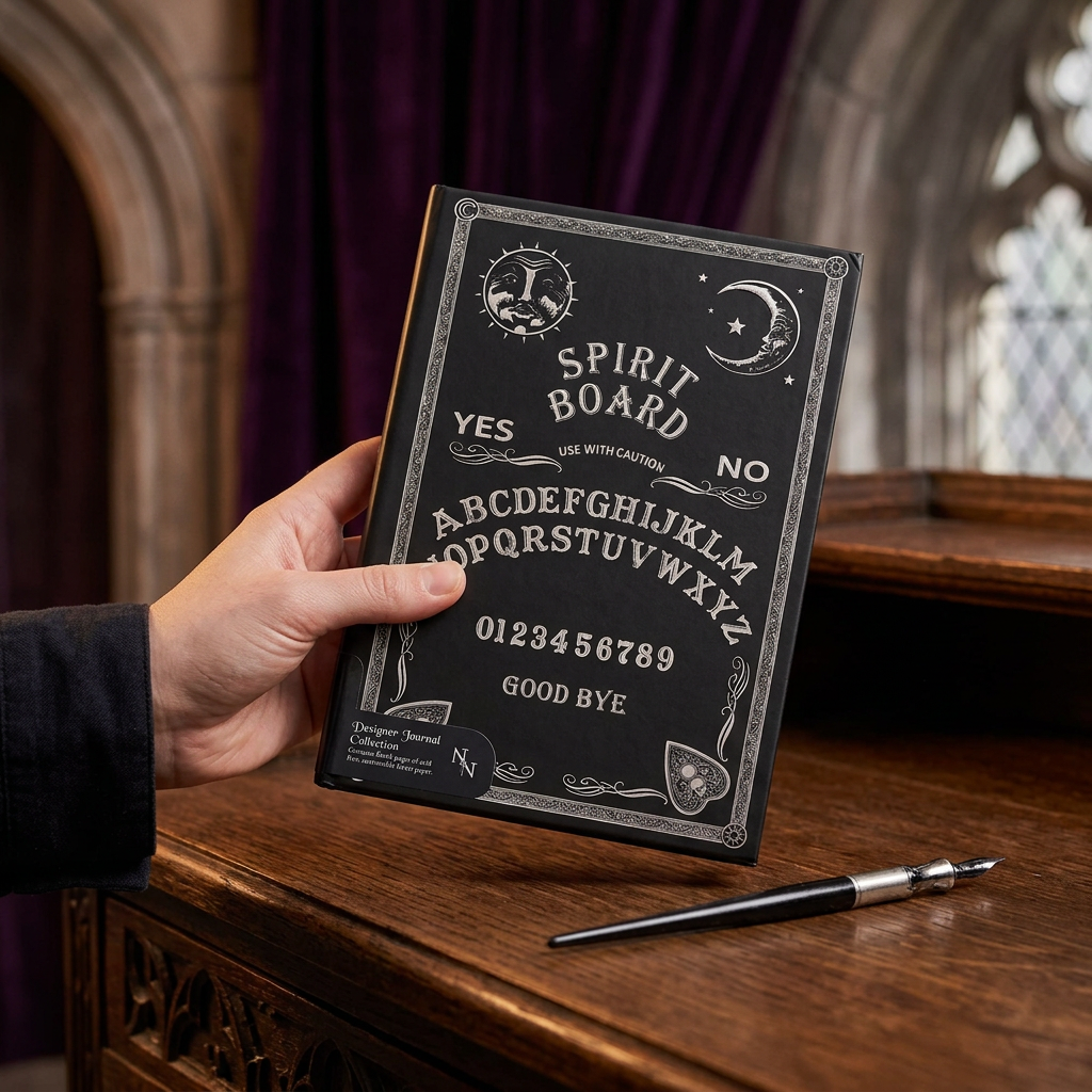 Actiefoto van het Spirit Board-notitieboek aan een gotische schrijftafel