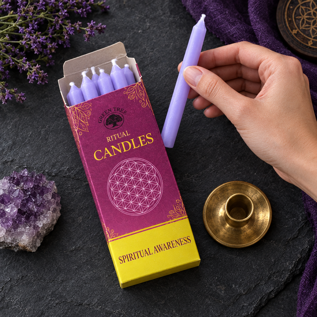 Een ritueelkaars uit de verpakking pakken