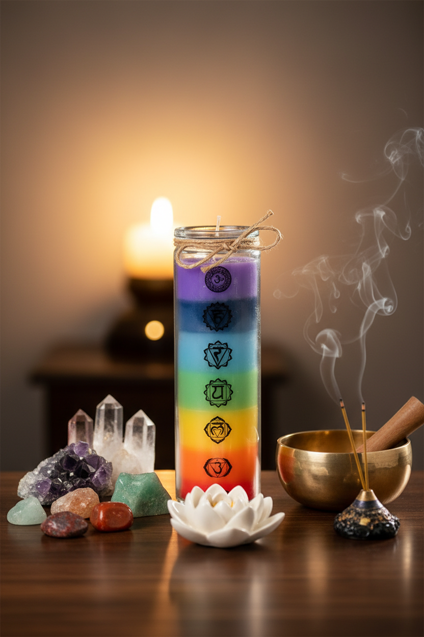 7 Chakra Kaars op meditatie altaar
