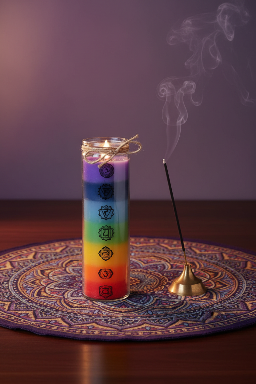 7 Chakra Kaars met wierook en mandala