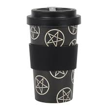 Pentagram travel mug van bamboe met pentagram print, zwart met witte symbolen