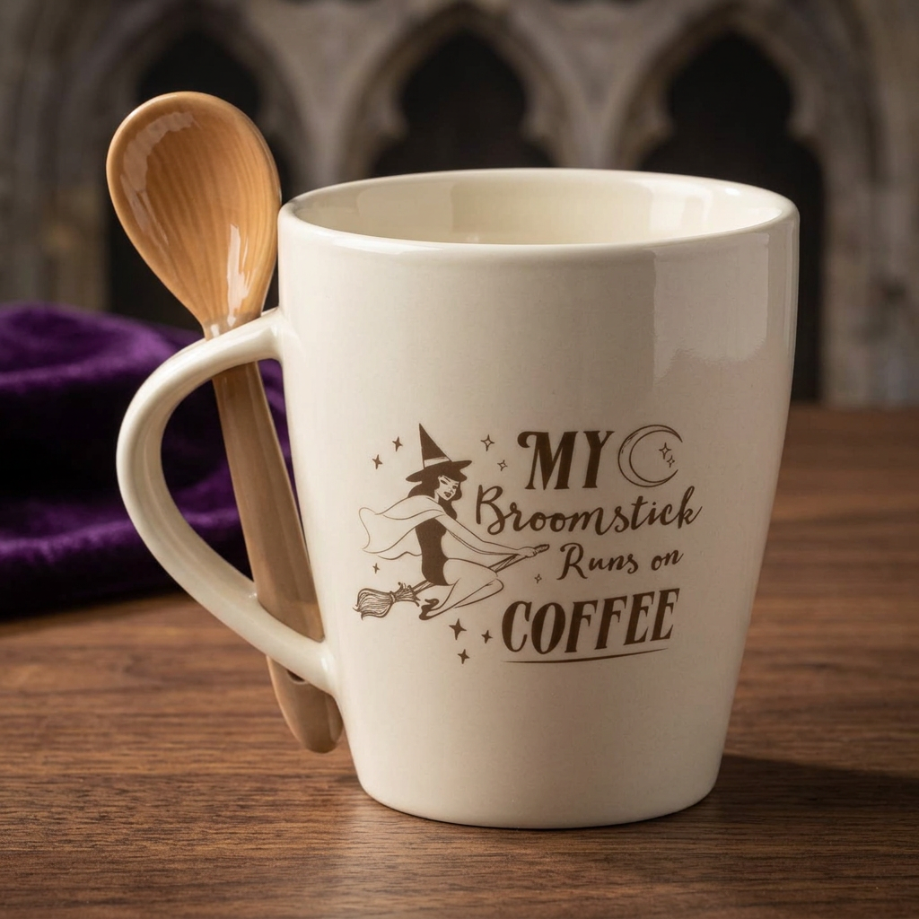 My Broomstick Runs on Coffee-mok met bezemlepel in een gotische setting