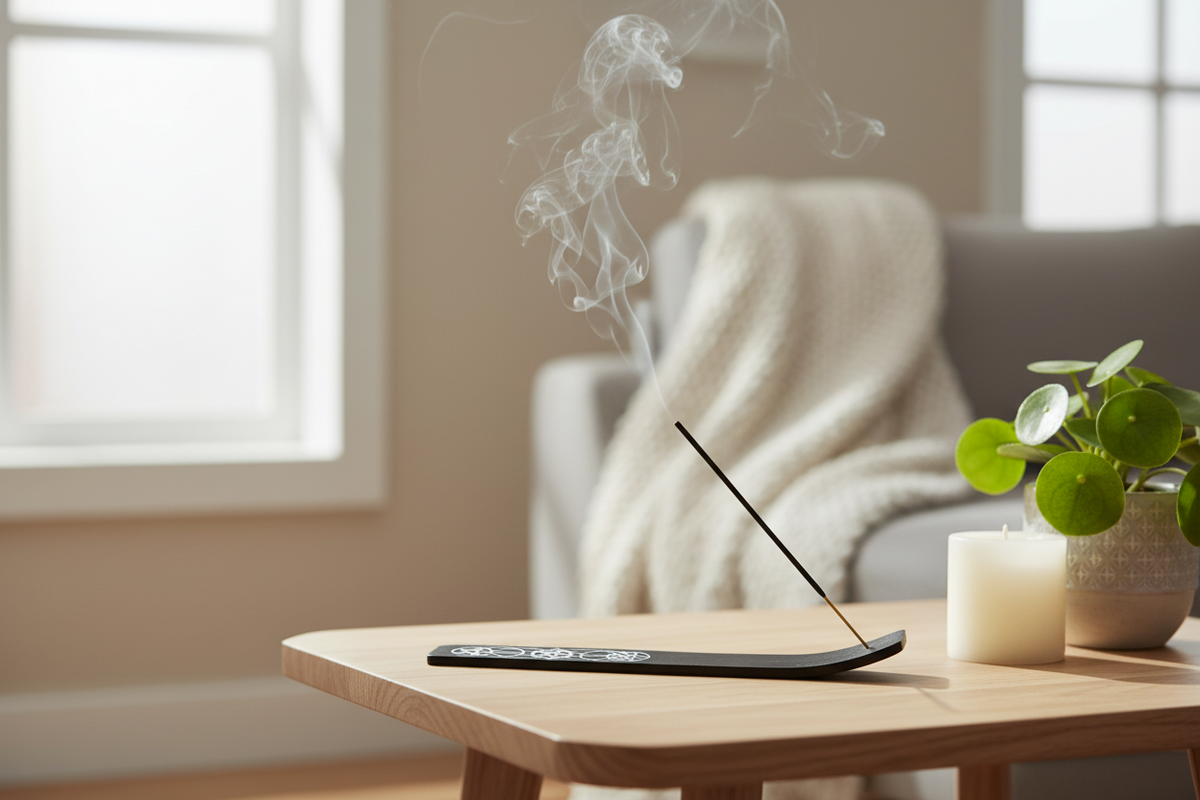 Houten Wierookhouder – Zwart met Pentakel en Metalen Accent
