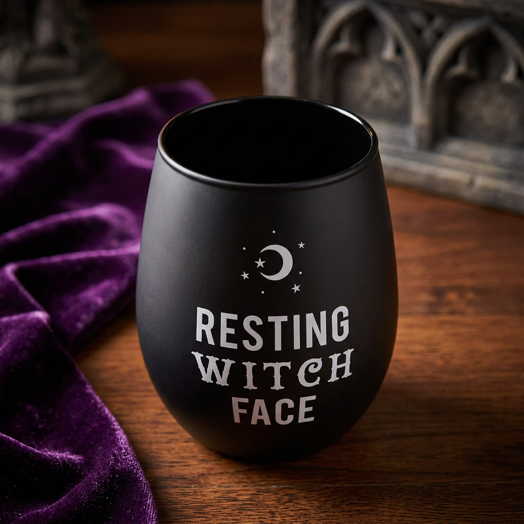 Resting Witch Face-glas schuin van boven in een donkere setting met paarse accenten