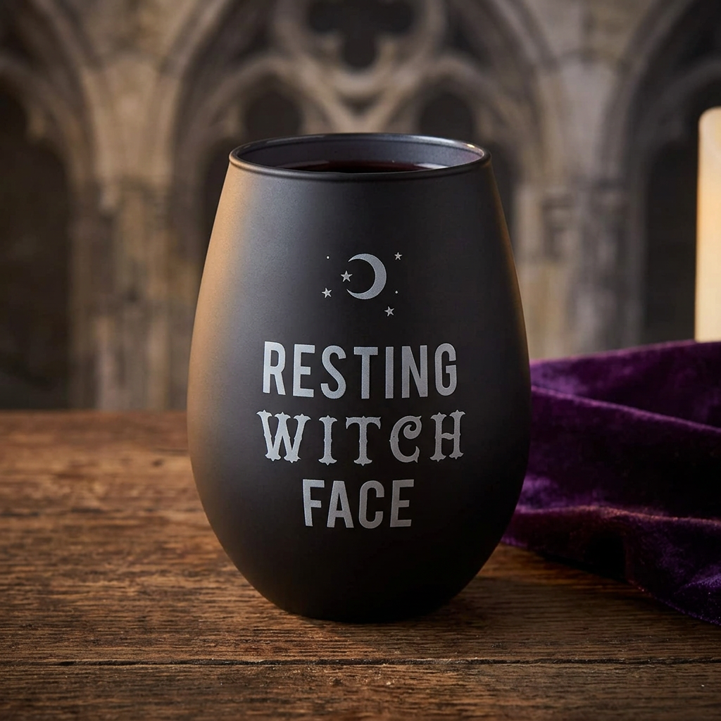 Resting Witch Face-wijnglas in een gotische setting met paarse accenten