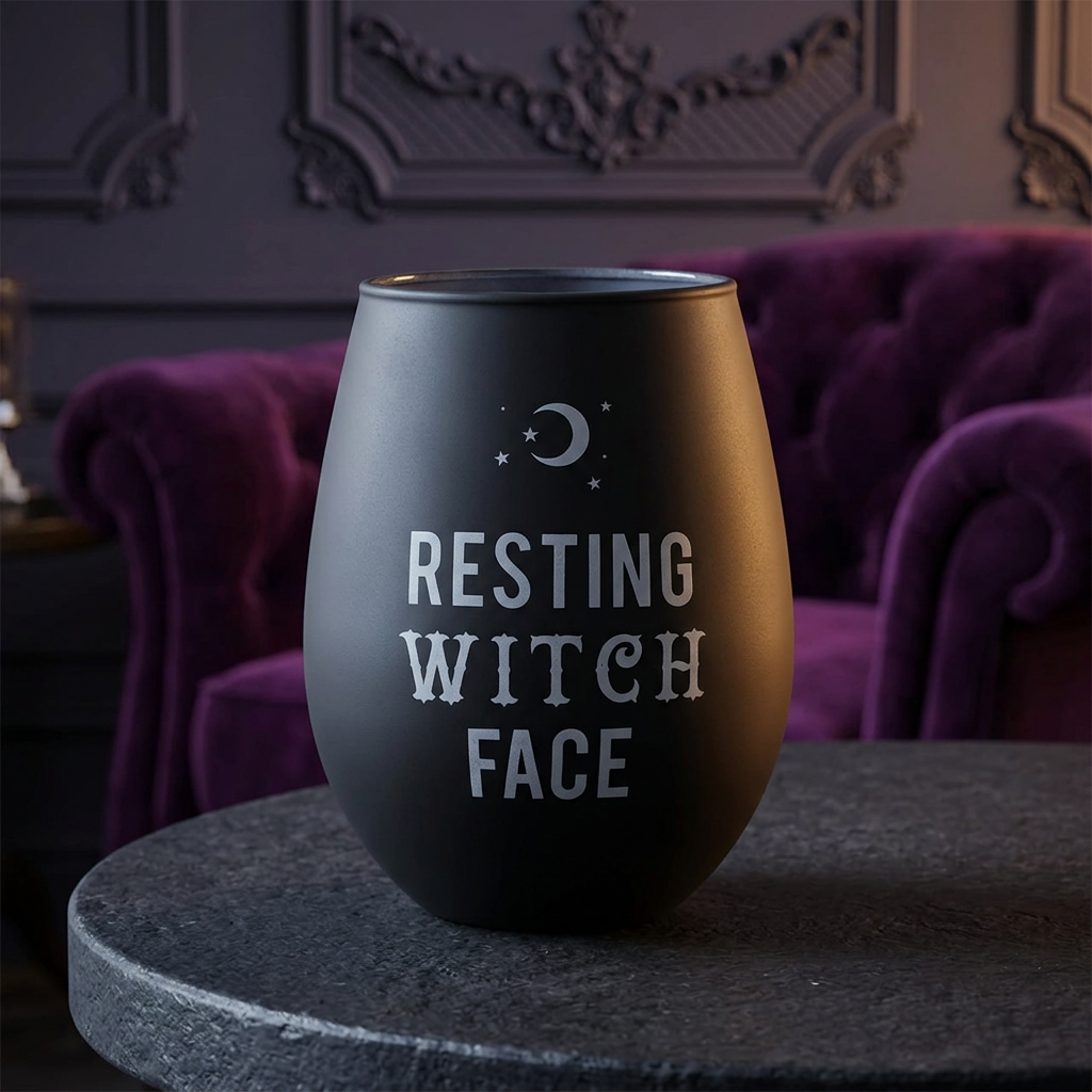Resting Witch Face-wijnglas op een stenen tafel in een gotische lounge