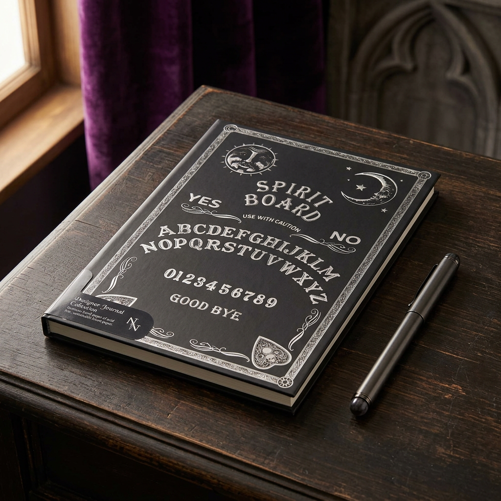 Spirit Board-notitieboek op een gotische schrijftafel met paarse accenten