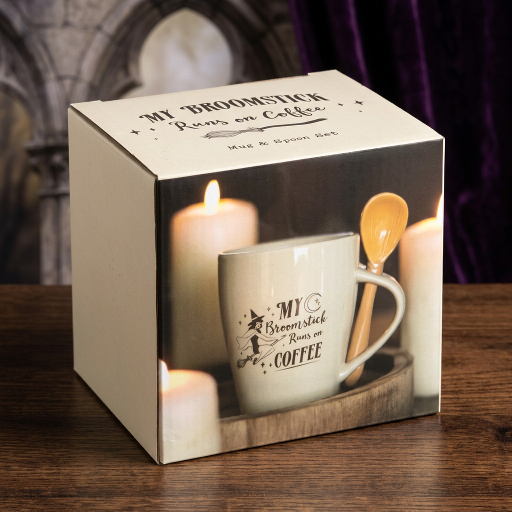 Verpakking van de My Broomstick Runs on Coffee-mok met lepel in een gotische setting