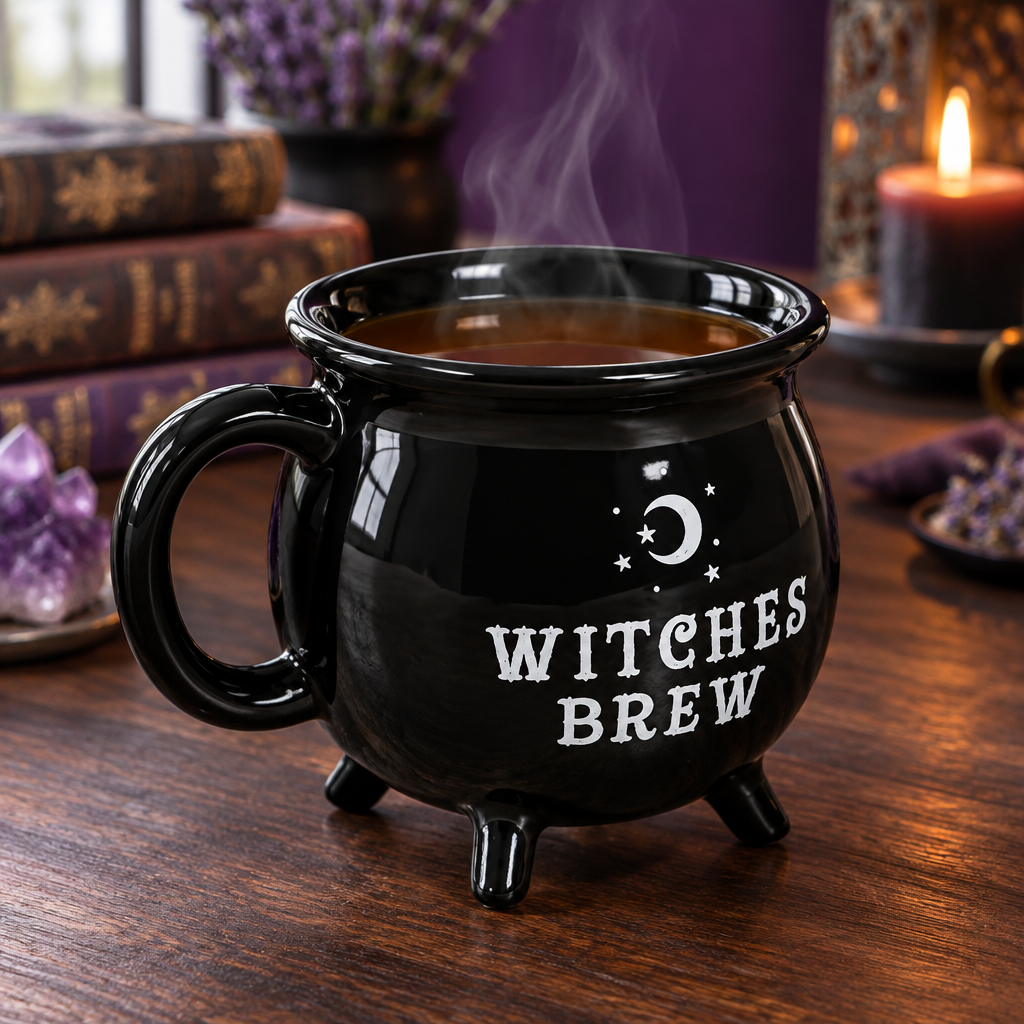 Vierkante actiefoto van de Witches Brew-mok met warme thee