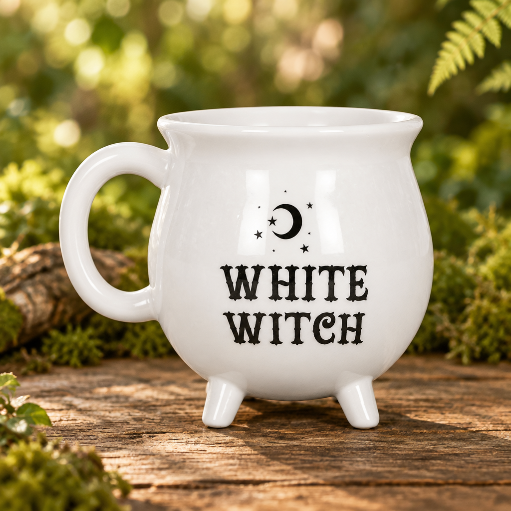 Vierkante foto van de White Witch-mok met natuurlijke groene achtergrond