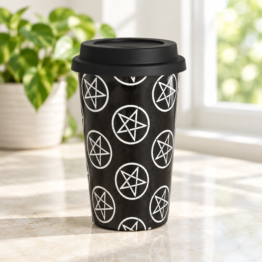 Vierkante sfeerfoto van de pentagram-beker in een lichte keuken