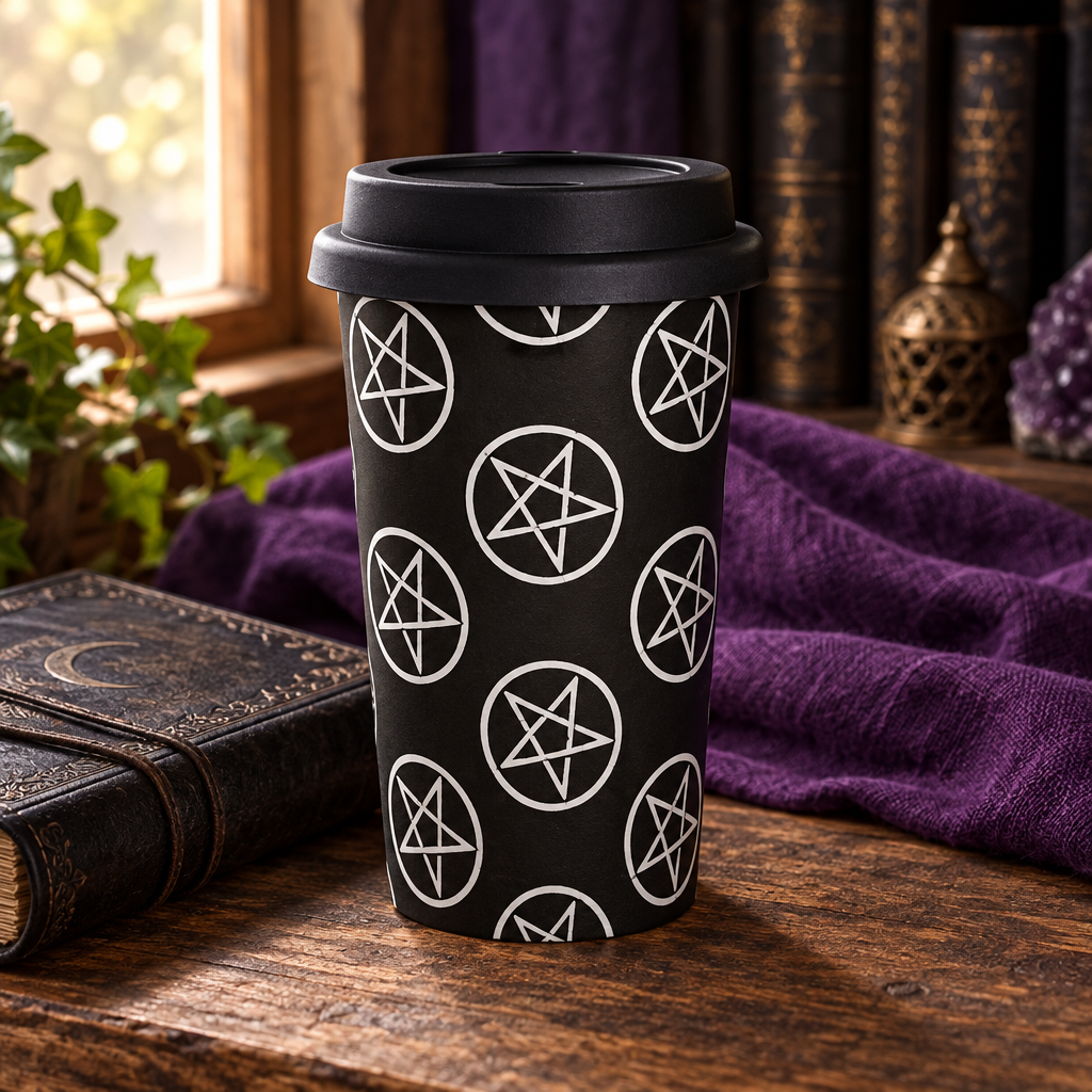 Vierkante sfeerfoto van de zwarte pentagram-reisbeker