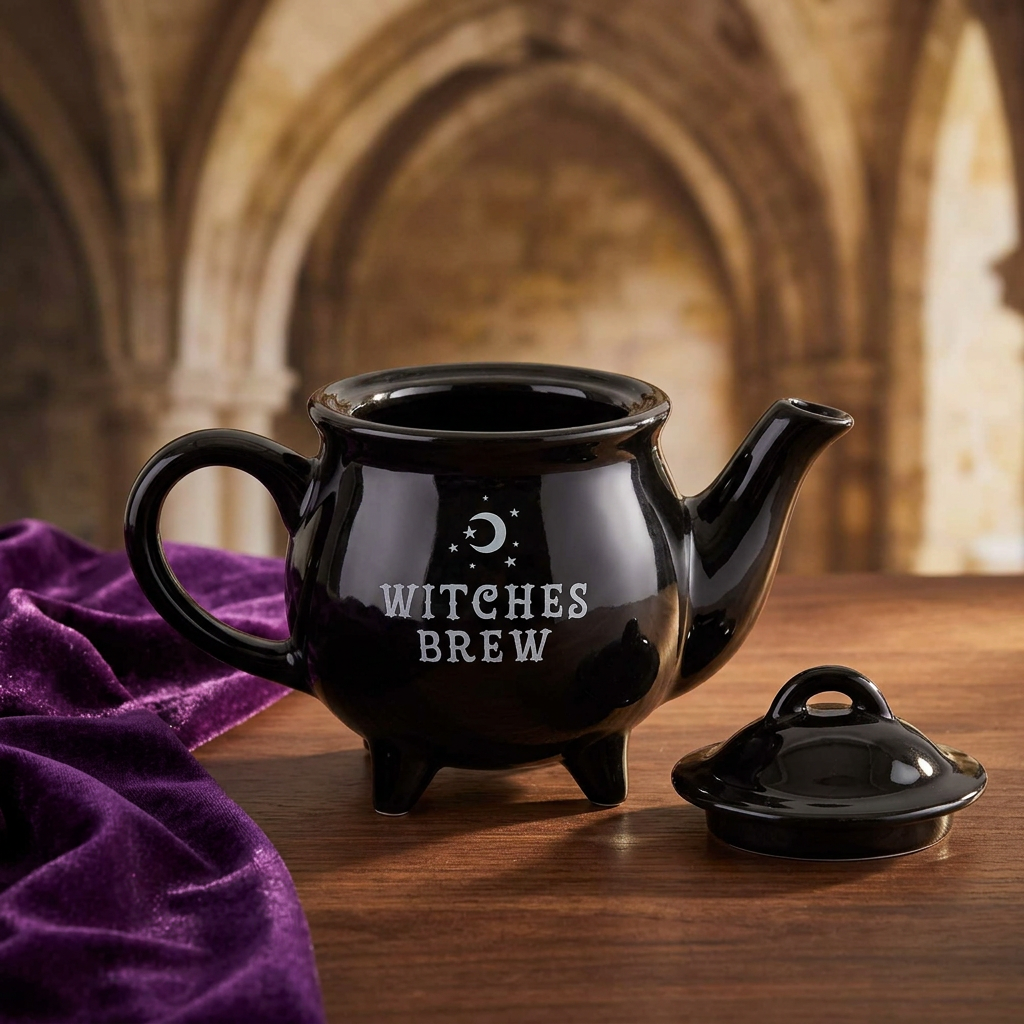 Witches Brew-theepot met deksel ernaast in een gotische setting